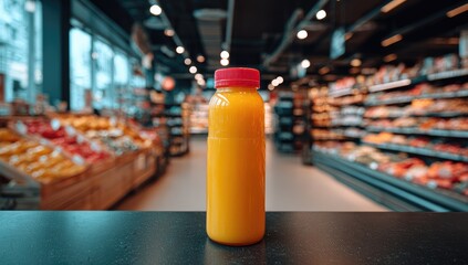 Orange juice bottle on store counter