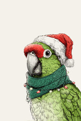 Parrot wearing Christmas hat and scarf with festive decorations  