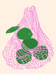 Green limes in pink net bag on minimalist background  