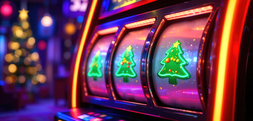 Neon Casino Slot machine with christmas trees, christmas fortune game concept. Banner size with Copy space