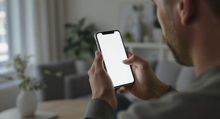 Person Using Smartphone with Blank Screen at Home