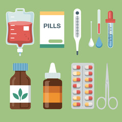 Medical Supplies Collection With Blood Bag Pills Thermometer Dropper And Scissors healthcare medicine