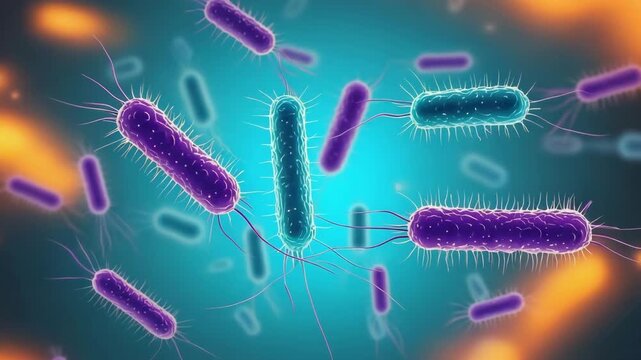 Multiple rod shaped bacteria in purples and blue with bright yellow halos around them
