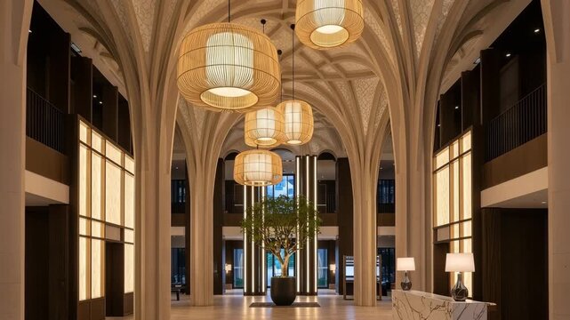 Serene Hotel Lobby:  Warm Lighting, Elegant Architecture, Tranquil Ambiance