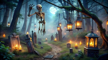 Spooky halloween graveyard scene at night with a skeleton hanging from a tree and glowing lanterns and candles