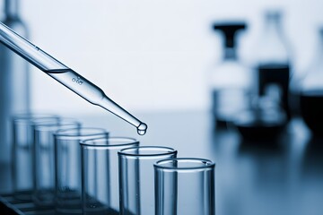 Laboratory Precision: A close-up shot of a scientist's precise work, a glass pipette dispensing liquid drop by drop into a row of test tubes in a clinical setting.
