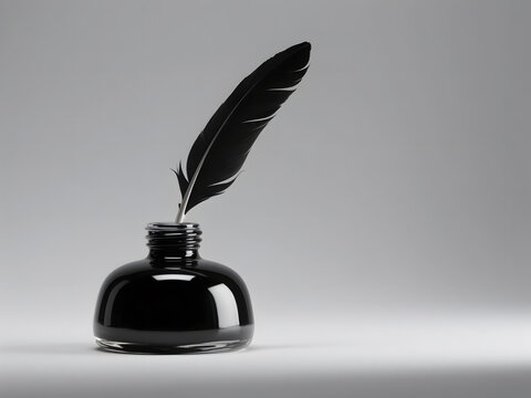 Elegant black ink bottle with a black feather quill on white background, minimalist still life composition with strong contrast and refined vintage appeal