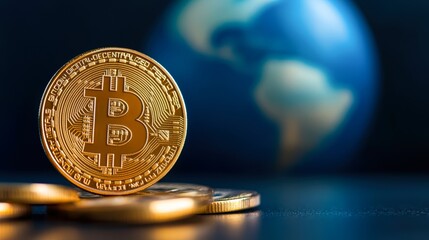 A close-up of a shiny gold cryptocurrency coin with Bitcoin symbol, set against a blurred globe background, This image is perfect for articles about digital currency, finance