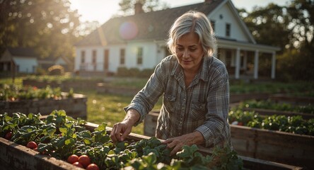 Woman tending to raised garden beds with tomatoes in front of a white farmhouse on a sunny day outdoors