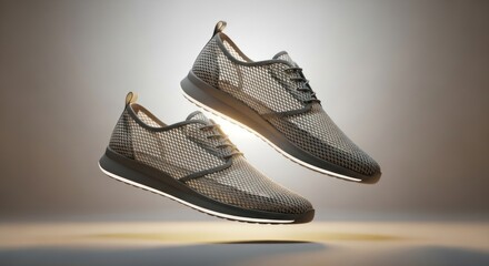 Sleek Grey Mesh Sneakers Levitating with a Luminous Underglow