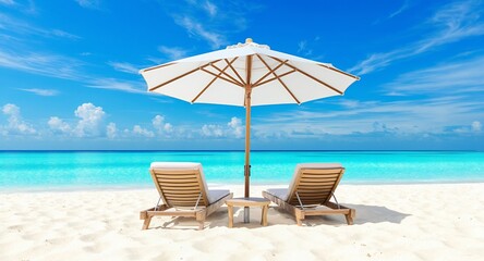 Obraz premium Tropical beach paradise with lounge chairs and umbrella