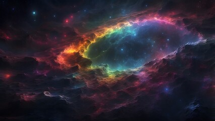 Obraz premium A dark nebula glowing faintly with rainbow-like patterns..Cinematic theme, HDR, Vibrant