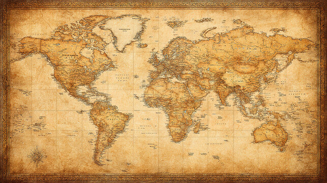 Vintage world map with aged parchment texture, detailed cartography in warm sepia tones for an antique aesthetic.