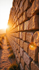 Sunset light illuminates textured stone wall, creating warm and inviting atmosphere. golden rays enhance natural beauty of stones