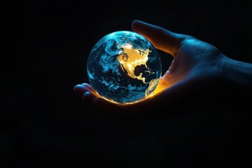 Hand with thoughtful mood holding glowing Earth in pitch-black darkness, representing global responsibility, high contrast and dramatic storytelling composition