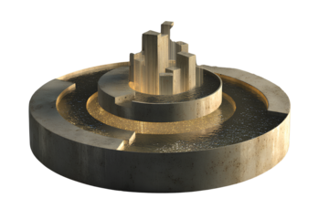 Tiered Concrete Fountain in Urban Plaza with Skyscraper Silhouettes, Side Angle View, Isolated on Transparent Background.png