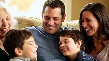 Happy family gathered on a couch
