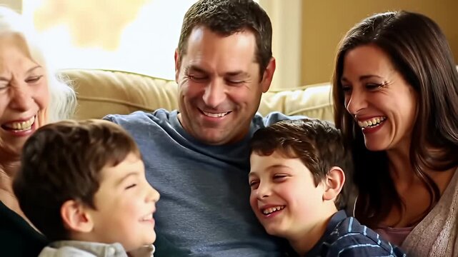Happy family gathered on a couch
