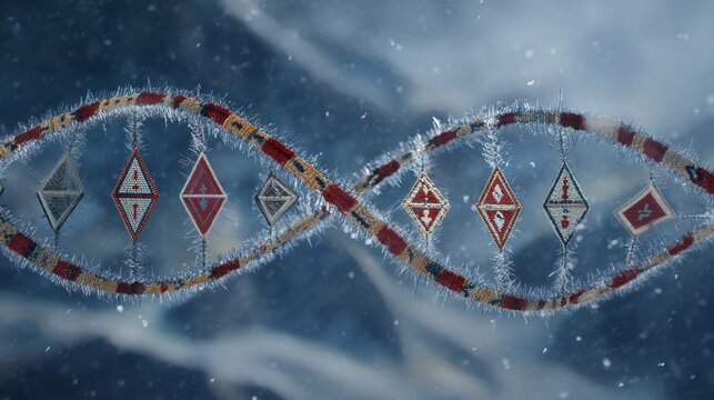 An ancient DNA helix crafted from Siberian ice crystals and nomadic symbols, blending science and heritage.