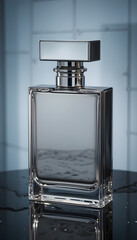 A high-resolution image of a luxurious, modern perfume bottle placed on a reflective, glossy black surface with water droplets. The bottle is rectangular with clean, sharp edges and filled with a ligh