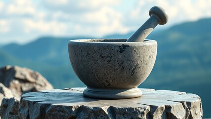 A rustic stone mortar and pestle rests on a weathered stone pedestal overlooking a scenic mountain vista.