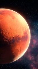 Naklejka premium Mars, Planet in Space, Realistic photo of red Earth-like alien world Mars with its surface texture, stars and galactic background, dark blue sky. Screensaver for app