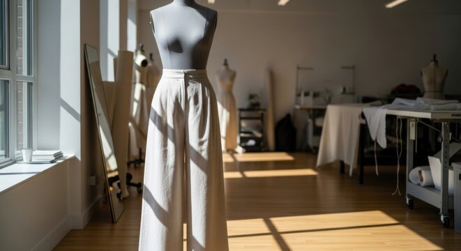 Sunlit Mannequin with Wide-Leg Trousers in a Quiet Fashion Design Atelier