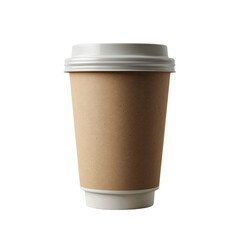 A simple, single-use coffee cup, perfect for a quick caffeine fix, awaits its next user. The warm brown color of the cup contrasts with the cool white lid, hinting at the refreshing drink within