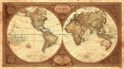 Vintage world map with aged parchment texture, detailed cartography in warm sepia tones for an antique aesthetic.