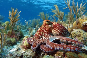A vibrant octopus resting on the coral reef with clear blue water in the underwater environment