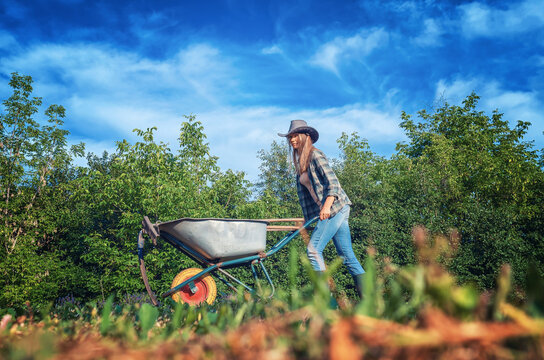 Female farmer in rubber boots carrying wheelbarrow against sky. Organic gardening. Low angle view.
