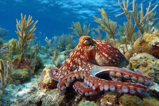 A vibrant octopus resting on the coral reef with clear blue water in the underwater environment