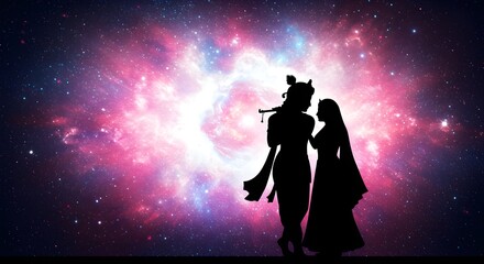 Radha Krishna Silhouette with Colorful Galaxy Background
