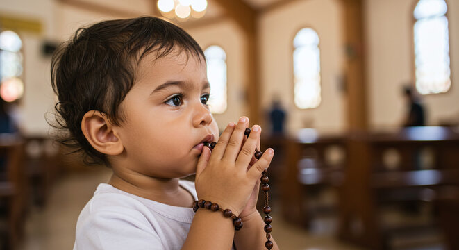 A young child holding rosary beads in prayer inside of a church with pews and windows behind him