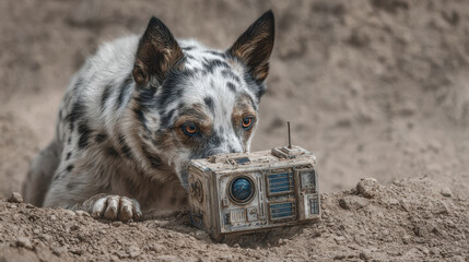 Curious dog celebrates international dog day by finding an old radio in sand. focused pet with vintage communication device