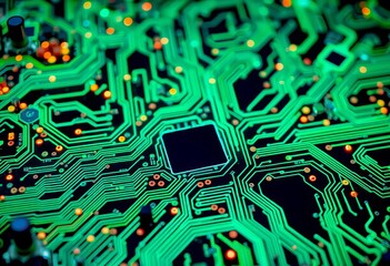 Intricate circuit board texture, glowing neon blue and green hues, neon, digital art