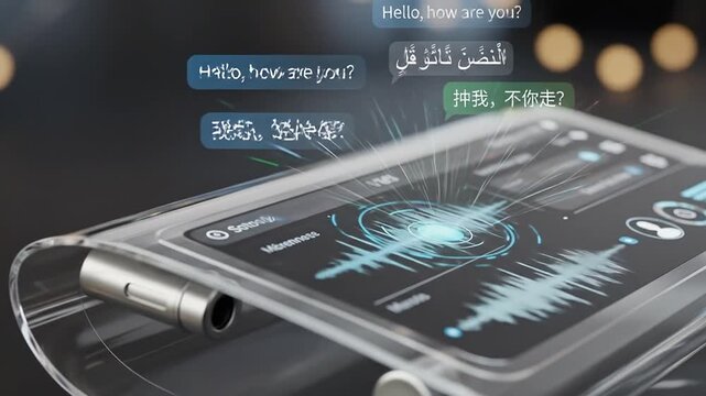 Close-up of sleek digital device translating conversation live, floating subtitles in various scripts (Latin, Arabic, Chinese), modern UI and tech ambiance.