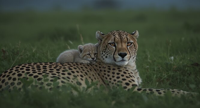 Cheetah mother and cub resting in the grass, a tender moment in the wild.