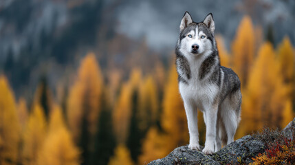 Majestic husky dog stands proudly on rock in an autumn mountain forest. beautiful nature scene perfect for international dog day