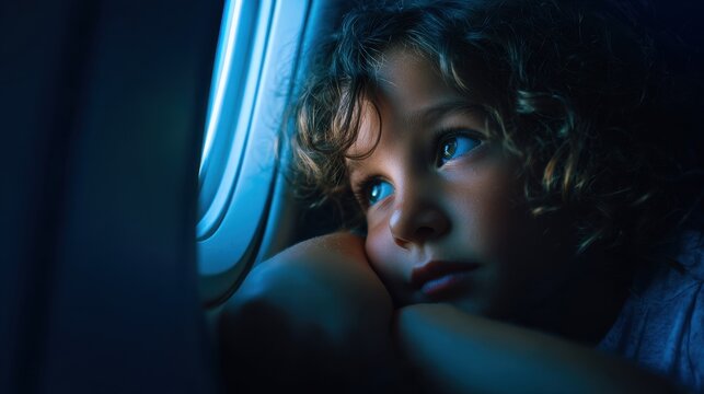 A young girl sitting by an airplane window at night. She rests her head on the armrest, gazing outside with wonder and wide eyes.Travel experience, innocence, discovery, imagination, solitude, dreamy 