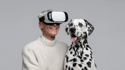 Smiling senior man in virtual reality goggle celebrates international dog day with happy dalmatian friend against grey background