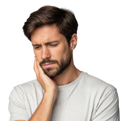 Fototapeta premium Young man experiencing toothache pain holding his cheek with a concerned expression isolated on transparent background
