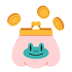 Cute vintage coin purse with frog face and coins, symbol of savings and wealth. Trendy modern vector illustration isolated on white background, hand drawn, flat design