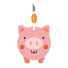 Front view of piggy bank with coin dropping in, concept of saving money