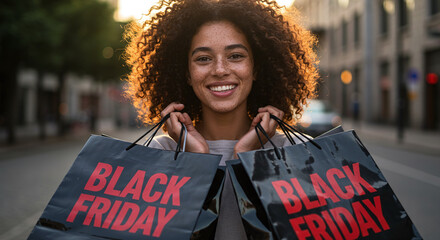 A smiling woman holding black friday shopping bags on a city street during the day time sunlight