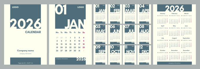 Monthly calendar for 2026. Vertical template, A4 format, English, week starts on Monday. Minimalistic graphics.