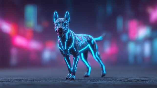 Alert futuristic luminous dog on international dog day. cyber canine stands on city street with neon light background at night
