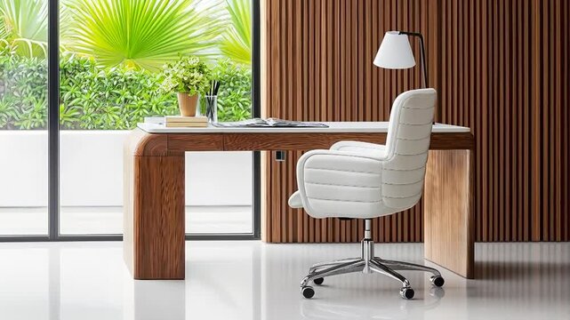 Modern workspace with white leather office chair rotating near wooden desk and tropical view