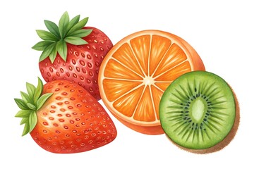 Vibrant watercolor painting of fresh strawberries orange slice and kiwi