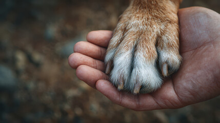 Obraz premium Human hand holds dog paw in gentle gesture of love for international dog day. This close up shows bond and friendship with pet
